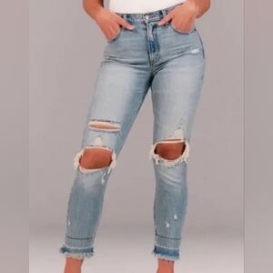 Abercrombie & Fitch High Rise Mom Jeans, Light Destructed Wash, Size 4 Short.